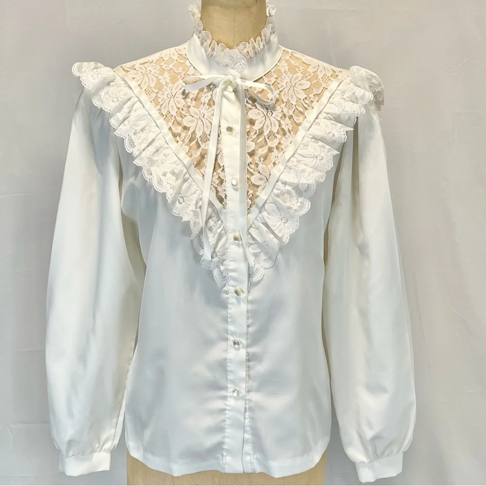 VINTAGE lace ruffle fancy blouse button down Victorian high neck ribbon bow 80s - Picture 9 of 14
